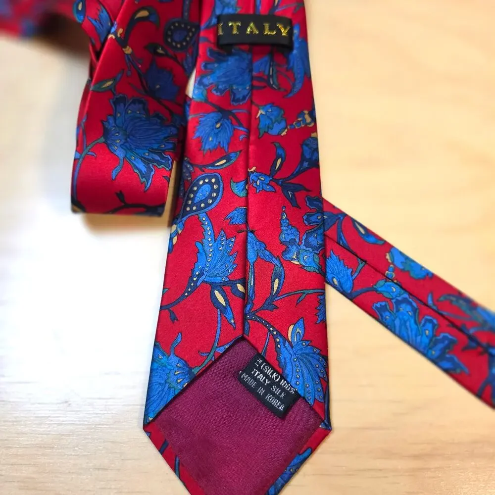 Lot of 2 Vintage 100% Italian Silk Ties Red Floral & Navy Blue Geometric Stripe